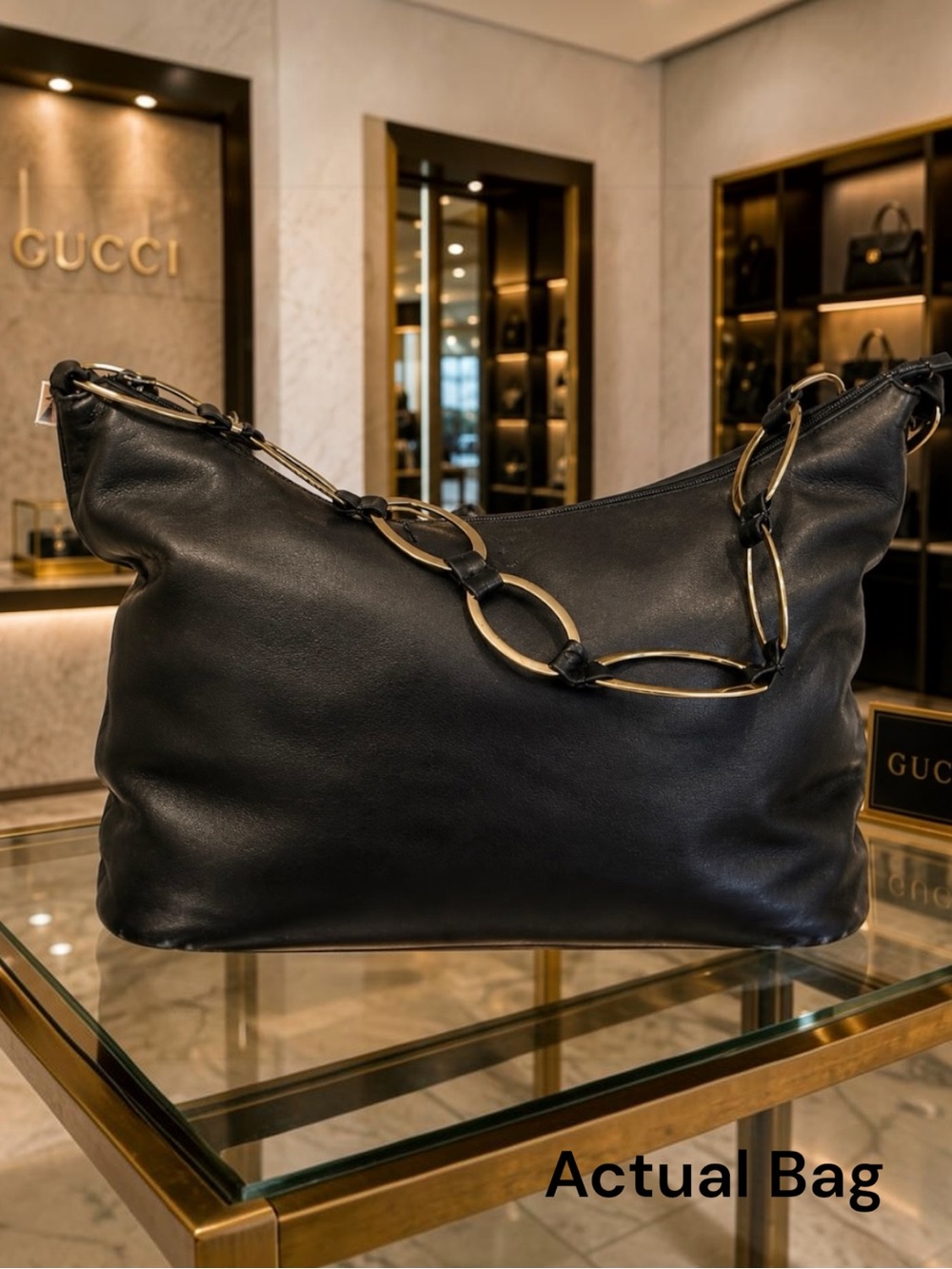 Authentic Gucci Vintage Black Leather Shoulder Bag-Gold Chain Links RARE.